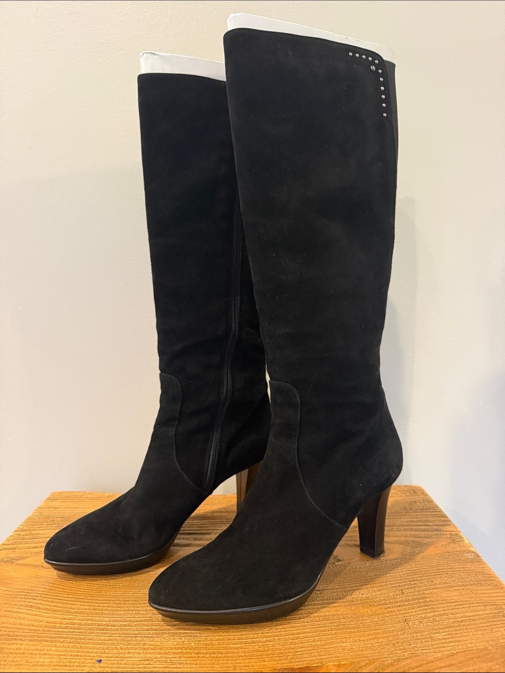 Aquatalia Black Suede Knee-High Heeled Boots with Stud Detail, size 7.5